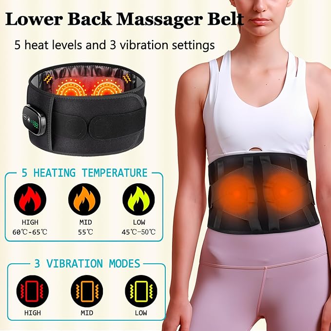 Cordless Heating Pad with Massager Back Brace Heating Pad for Back Pain Relief Heated Back Support Belt with 3 Heating &amp Vibration Modes Rechargeable Low Back Massager for Women Men