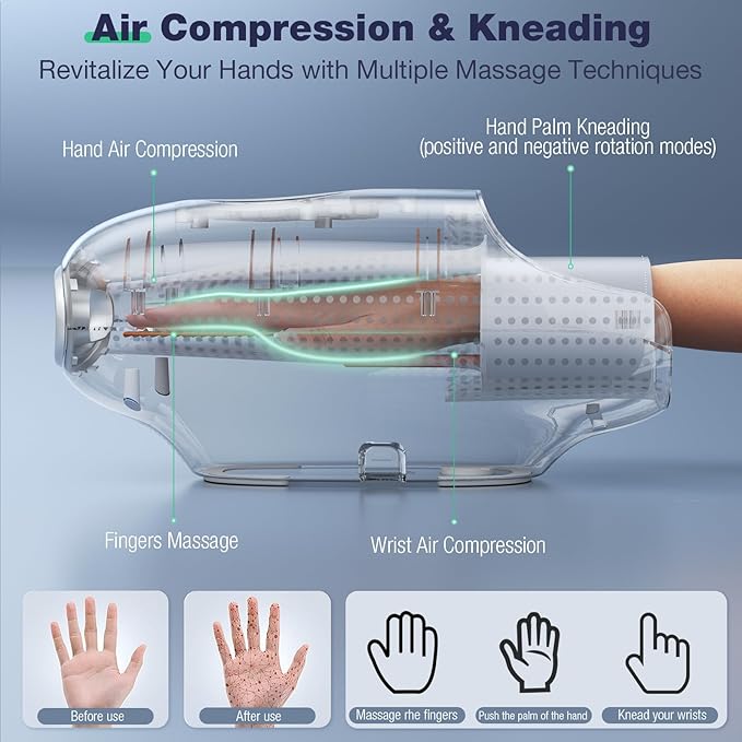 Hand Massager with Heat and Compression Hand Massage for Arthritis and Carpal Tunnel Relief 6 Modes Pressure Point Therapy Blowing Wrist Massager Finger &amp Palm Kneading Gifts for Mom Dad