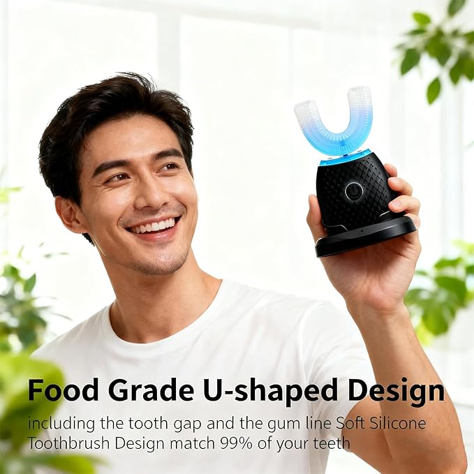 U-Shaped Electric Toothbrush for Adults Hands-Free Auto Teeth Cleaner with 360° Ultrasonic &amp Foam Mousse 4 Brush Heads LED Light &amp Charging Base Kit (Black)