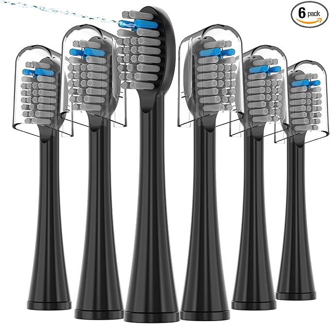6 Pack Replacement Flossing Toothbrush Heads for Waterpik Sonic Fusion - Compatible with SF-01/SF-02/SF-03/SF-04 - Black with Caps