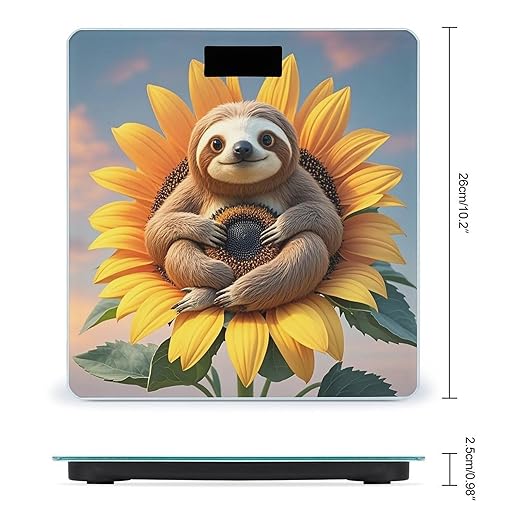 Sloth Sitting on Sunflower Bathroom Scale for Body Weight Bathroom Weighing Scales with Back Lit LED Display Sturdy Tempered Glass Body Weight Bathroom Scale 400lb Weighing