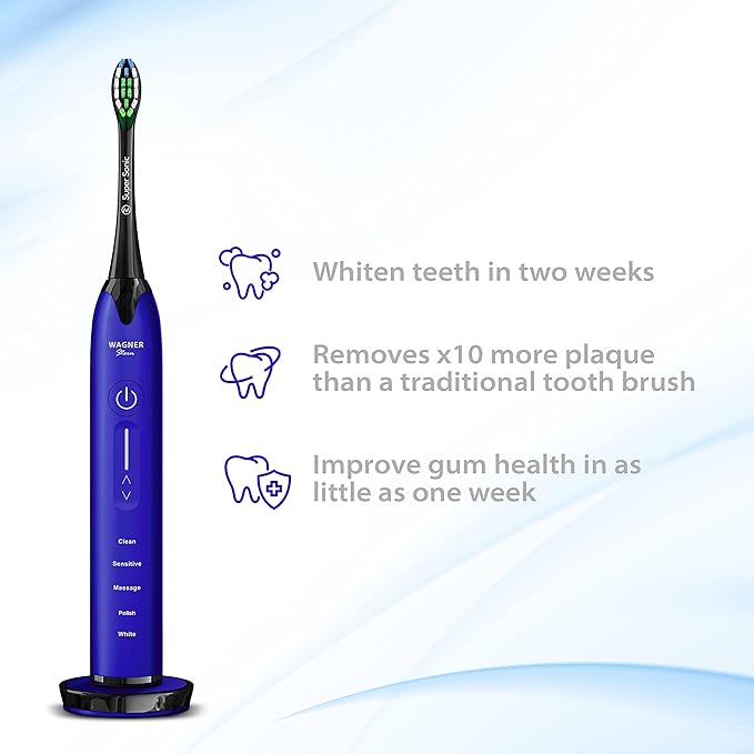 Wagner Stern Ultrasonic whitening Toothbrush with Pressure Sensor. 5 Brushing Modes and 4 Levels of Intensity 8 Soft bristles Travel case.