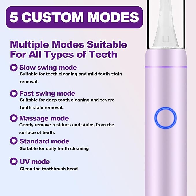 Metal Electric Toothbrush with UV ModeVibration and Oscillation Electric Toothbrush for Adults and Teen6 Brush Heads &amp Travel Case 5 Modes &amp Timer One Charge Last 120 Day（Rose）