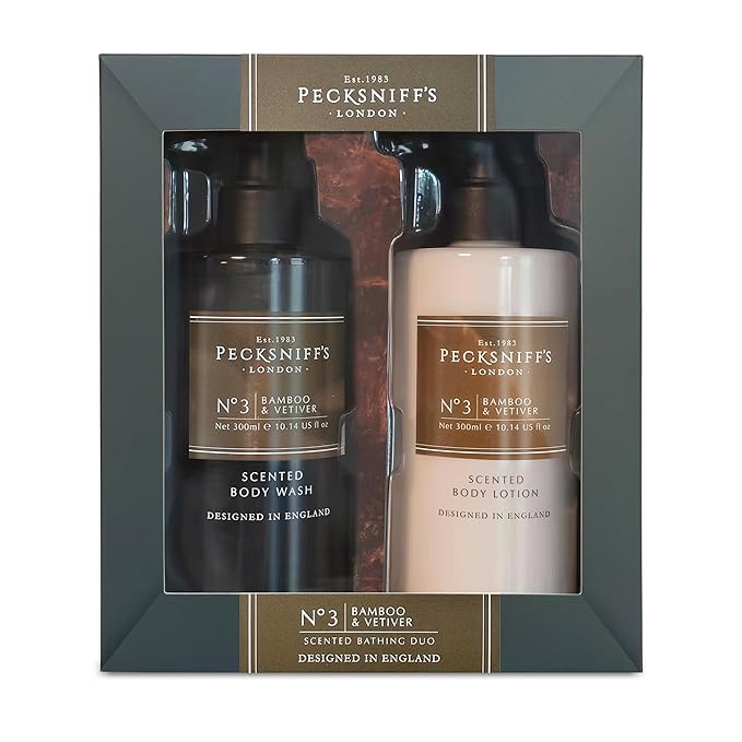 Pecksniffs Mens Bathing Duo Collection – Bamboo &amp Vetiver Scented Body Wash and Body Lotion Gift Set 2 x 250ml