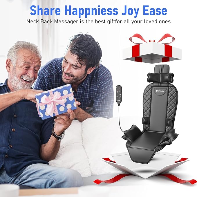 Back Massager with Heat &amp Traction &amp Vibration Seat Massager Pad for Pain Relief Deep Tissue Lumbar Traction PU Leather Foldable for 5’ to 6’1” Massage Chair Pad for Office Home