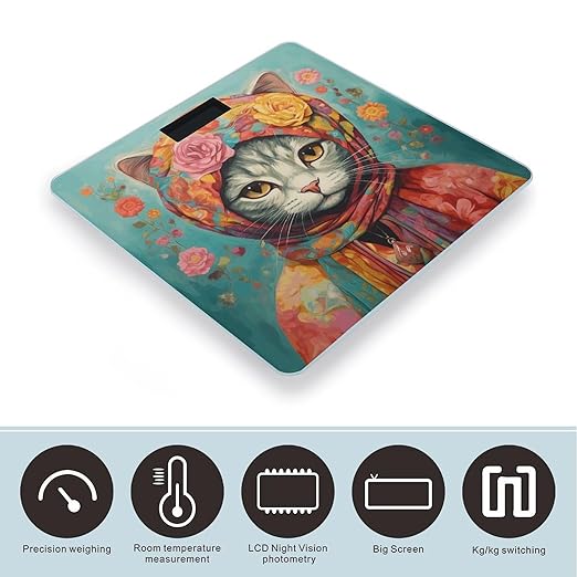 Hand Drawn Cat Scale for Body Weight Precision Bathroom Weighing Scales with Back Lit LCD Display Sturdy Tempered Glass Body Weight Scales Digital Bathroom Scale 400lb