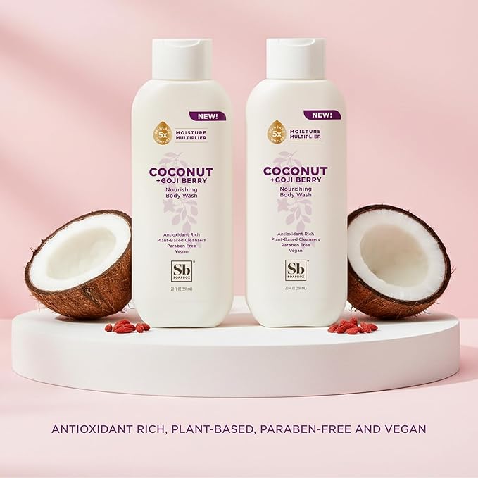 Soapbox Body Wash Coconut + Goji Berry Body Wash for Women Men Vegan + Antioxidant Rich Moisturizing Soap with Shea Butter Peptides &amp Keratin Promoting B3 3 Pack 20oz Each