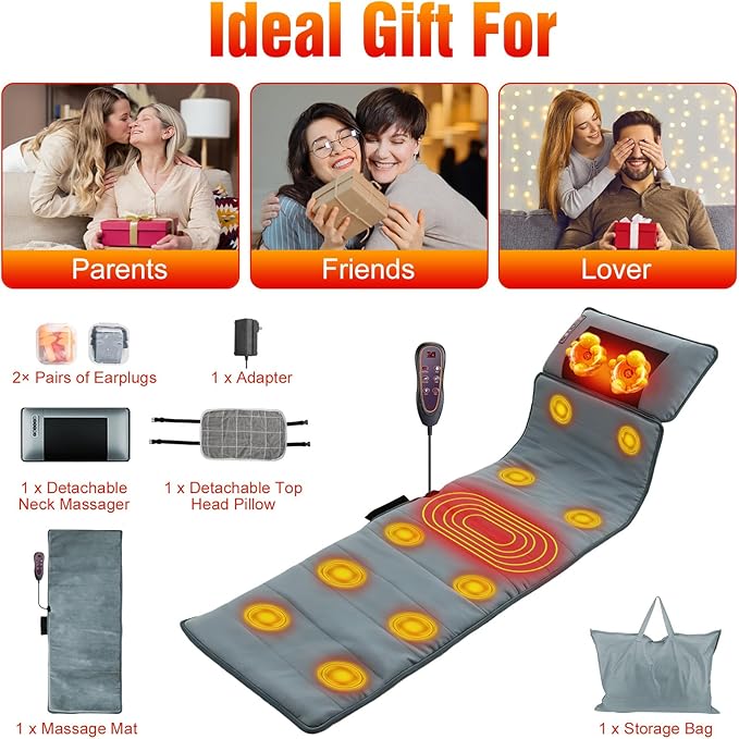 Full Body Massage Mat with Heat Back Massage Pad with Detachable Neck Massager with 10 Vibration Motors Multifunctional Body Massager Gift for Dad Mom Women Men