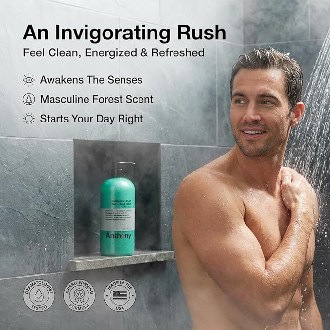Anthony Mens Body Wash and Shampoo: Invigorating Rush 2-In-1 Liquid Gel Soap &amp Hair Shampoo Pine Wood Scent Hydrating with Eucalyptus Canadian Balsam Birch Leaf Charcoal Sea Kelp 32 Fl. Oz