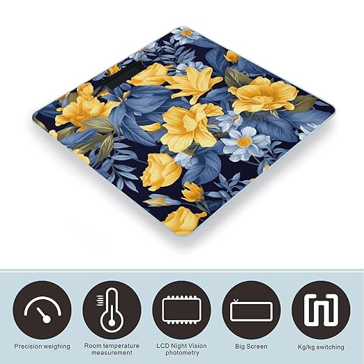 Blue Base Yellow Floral Scale for Body Weight Precision Bathroom Weighing Scales with Back Lit LCD Display Sturdy Tempered Glass Body Weight Scales Digital Bathroom Scale 400lb