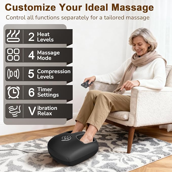 Shiatsu Foot Massager Machine with Heat : Deep Kneading Foot Massager with Vibration &amp Compression for Plantar Fasciitis &amp Neuropathy - for Women &amp MenRelax for Home Office Use (Black)