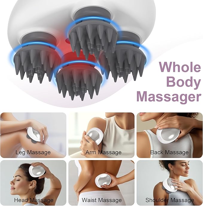 Electric Scalp Massager Portable Head Stress RelaxIPX7 Waterproof Rechargeable Head Massager Scalp Stress Relax Body for Deep Cleansing Relief Hair Growth (Silver)