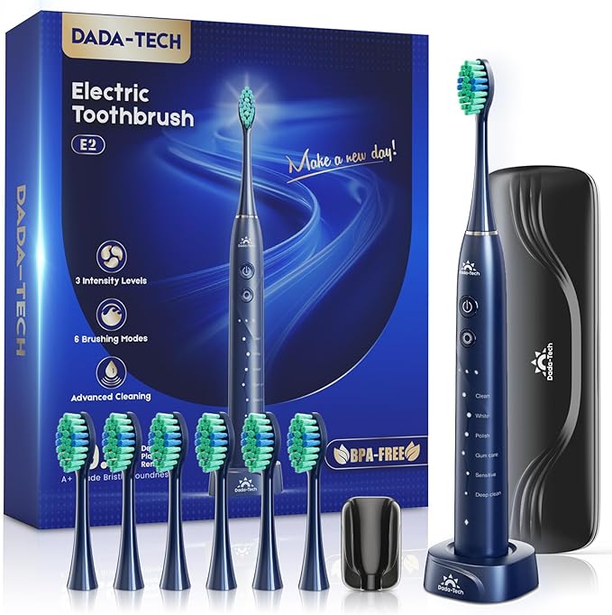 Electric Toothbrush for Adults Kids Electric Toothbrush Rechargeable Sonic Toothbrush Ultrasonic Toothbrush with Travel Case Holder &amp 7 Brush Heads 6 Modes &amp 3 Intensities 2-Minute Timer (B