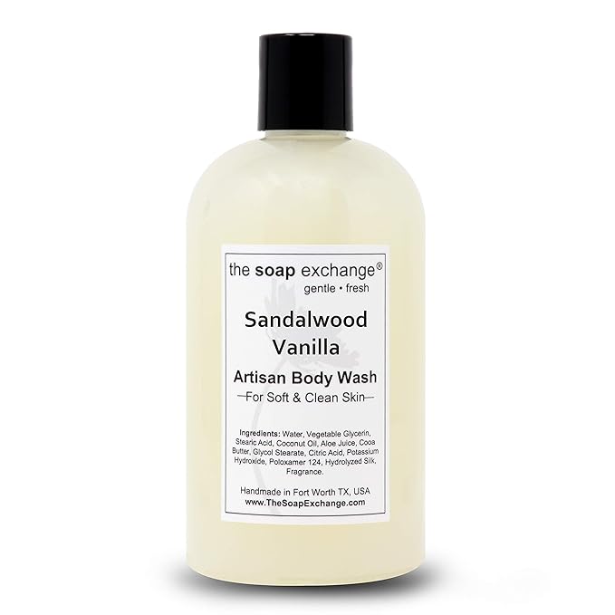 The Soap Exchange Body Wash - Sandalwood Vanilla Scent - Hand Crafted 12 fl oz / 354 ml Natural Artisan Liquid Soap for Hand Face &amp Body Shower Gel Cleanse Moisturize &amp Protect. Made in U