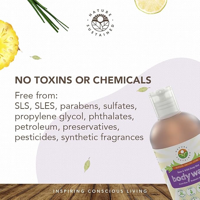 Nature Sustained Organic Body Wash &amp Face Wash – Raw &amp Wildcrafted with Probiotics Soapberry Formula for Eczema &amp Psoriasis - Wild Plants Selected for Sensitive &amp Dry Skin 9oz Origi
