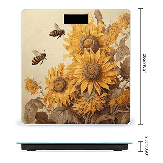Bees and Sunflowers on Old Paper Bathroom Scale for Body Weight LCD Display Digital Bathroom Scale Tempered Glass Bathroom Weight Scales Fashion Smart Scales for Home Bedroom 400 Lb