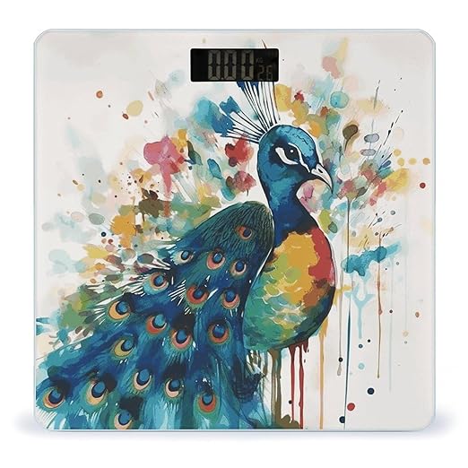 Watercolor Peacock Bathroom Scale for Body Weight Bathroom Weighing Scale with Backlit LCD Display Highly Accurate Measures Weight Up to 180kg