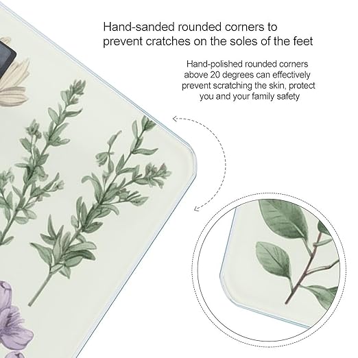 Green Flower Herb Sage Leaves and Branches Scale for Body Weight High Precision Digital Weight Scales with LCD Display Anti-Slip Sturdy Slim Tempered Glass Bathroom Scale for Home Use