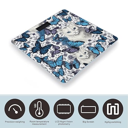Blue Butterfly and White Cat Scale for Body Weight Accurate Digital Bathroom Scale Toughened Glass High Precision Scales Smart Weight Scales with Large LCD Backlight Display Weighing Machine