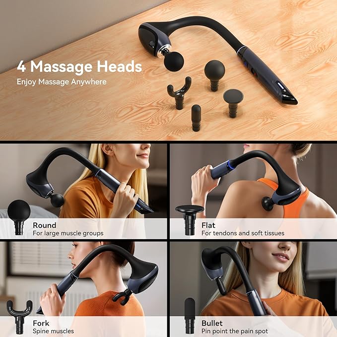 Massage Gun Pain Relief Deep Tissue Back and Neck Massager Removable handle Handheld Muscle Massage Gun for Back Shoulder ArmThigh Infinitely Adjustable Speed &amp 4 Silicone Replaceable Heads