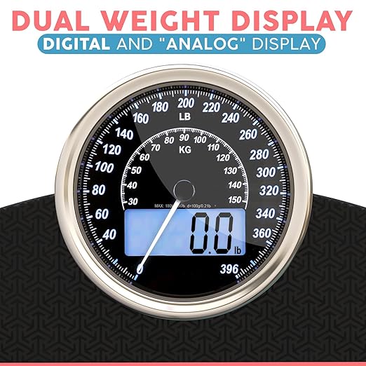 Adamson Hybrid 2-in-1 Analog &amp Digital Weighing Scale for Body Weight up to 400lbs - Thick Tempered Glass - Extra Large Display - Easy to Read Digital Bathroom Scale - New Version - Black Matrix