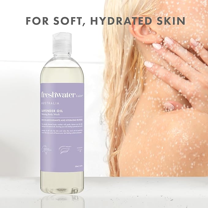 Freshwater Farm Australia Naturally Derived Shower Gel Body Wash - Paraben Phthlate Free Relaxing Lavender Oil - Moisturizing Body Wash for Women - 16.9 fl oz 4PK