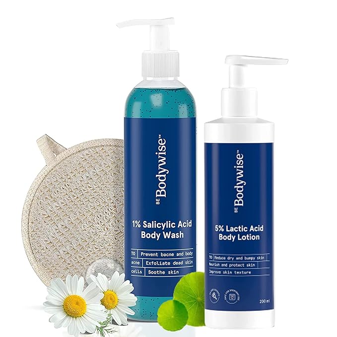 Metrol Be Bodywise 1% Salicylic Acid Bodywash 375 mL with Loofah &amp 5% Lactic Acid Lotion 200 mL for Women | Helps to Prevent Body Acne Cleanses Skin &amp Nourishes Skin | Paraben and SLS Free