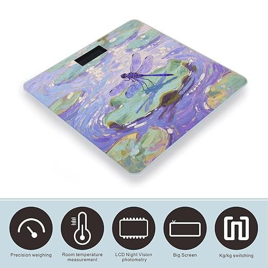 Water Lily Dragonfly Scale for Body Weight Sturdy Tempered Glass Weighing Scales with LCD Display Accurate Digital Bathroom Scale Convenient Body Fat Smart Scales Easy Read