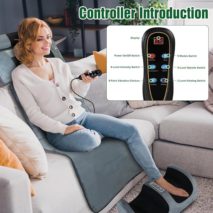 Full Body Massage Mat with Heat Detachable Neck Massager &amp Foot Massager10 Vibration 3 Strength Adjustments Electric Back Massage Pad with Head Pillow and Lumbar Pillow Gifts for Women Men