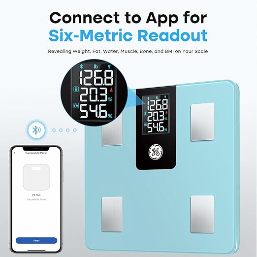 GE Smart Scale for Body Weight BMI Fat Muscle Mass with 14 Body Composition Metrics &amp All-in-one LCD Display Digital Bathroom Weight Monitor Bluetooth with App Accurate Weighing Machine 400lb Bl