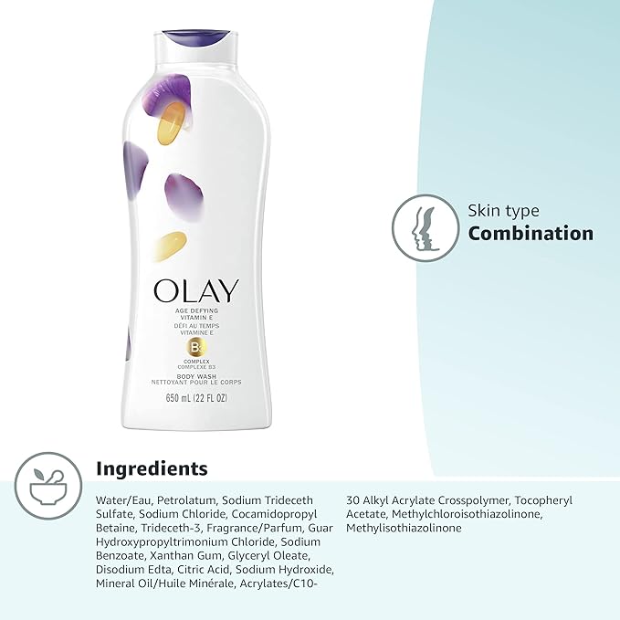 Olay Body Wash for WomenAge Defying with Vitamin E24hr MoisturizingHydrating &amp RefreshingB3 Vitamin ComplexFree of Parabens &amp Phthalatesfor All Skin TypesScented22 fl oz(Pack of 8)