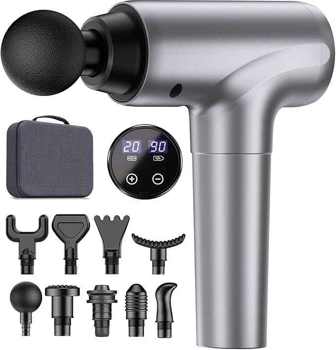 cotsoco Massage Gun Deep Tissue Muscle Massage Gun with 9 Attachment Heads 20 Speeds &amp Silent Brushless Motor for Pain Relief Handheld Percussion Back Massager Gun for Athletes