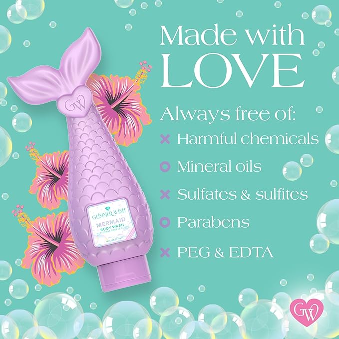 Glimmer Wish Mermaid Kids Bath &amp Lip Care Bundle – Gentle Sulfate-Free Body Wash (12 fl oz) + Glimmer Whip Hydrating Vegan Lip Balm Tropical Pineapple Scent