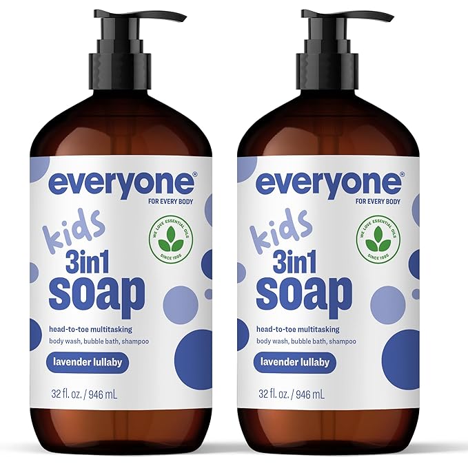 Everyone 3-in-1 Kids Soap Body Wash Bubble Bath Shampoo 32 Ounce (Pack of 2) Lavender Lullaby made with Essential Oils for Toddlers tweens and teens