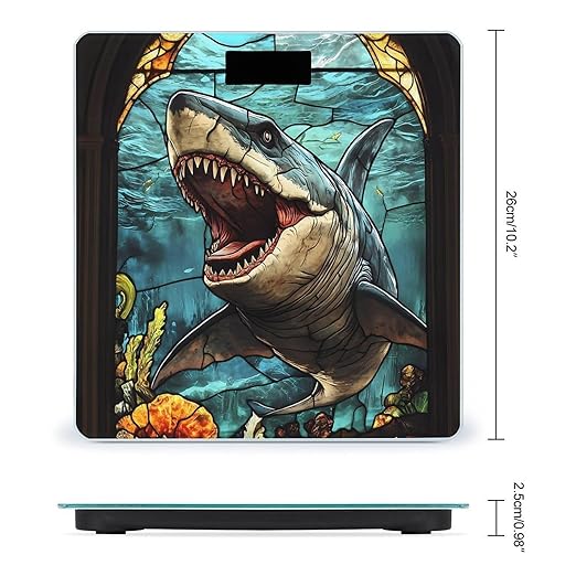 Glass Window Shark Megalodon Ocean Digital Bathroom Scale for Body Weight Lighted LCD Display Round Corner