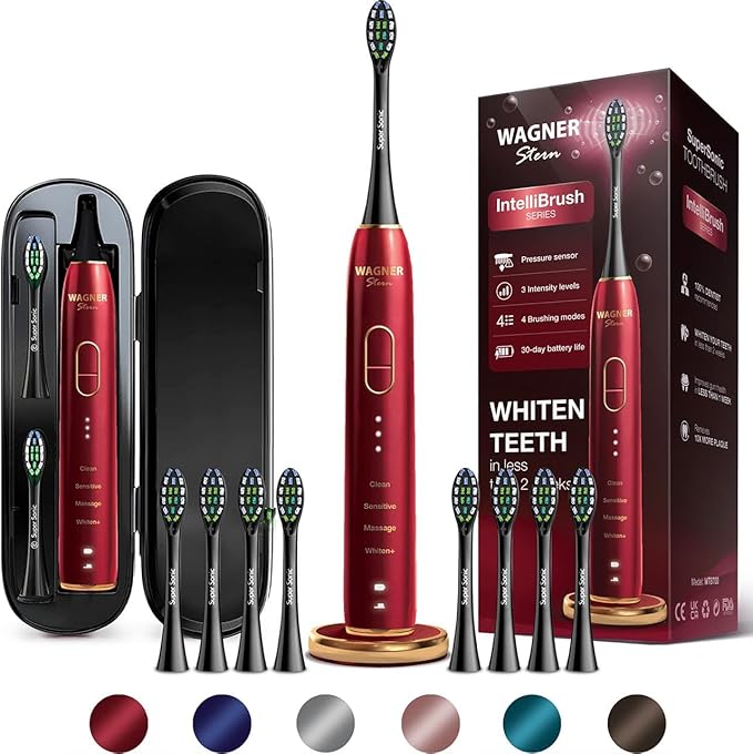 Wagner Stern IntelliBrush Series Whitening Electric Toothbrush with Pressure Sensor. Offers 4 Brushing Modes 3 intensities 8 Soft Brush Heads and a Luxury Travel case.