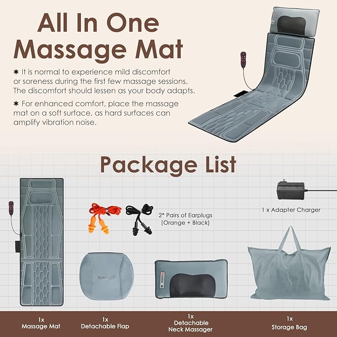 KOCASO Flannel Full Body Massage Mat Multifunctional Massage Chair Pad with Heat Timer Shiatsu Neck Massager Carry Bag Earplugs Anti-Slip Bottom for Reclining Chair