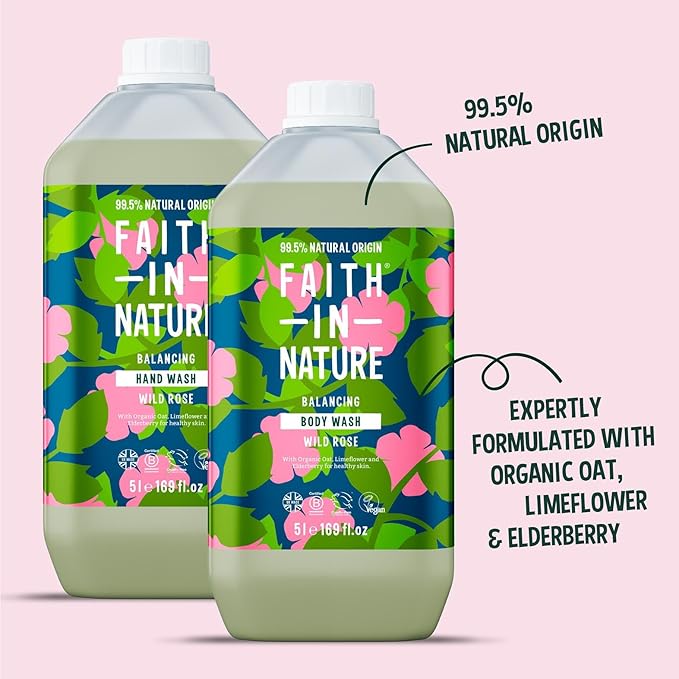 Faith In Nature Natural Hand Wash &amp Body Wash Set - Vegan &amp Cruelty Free No SLS or Parabens - 2 x 169 fl oz Value Bundle Pack Wild Rose