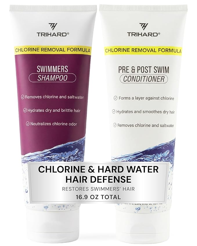 TRIHARD Chlorine Defense Swim Shampoo and Conditioner Combo Protect and Hydrate Hair from Pool &amp Ocean Nourishing Pre and Post Swim Chlorine and Hard Water Hair Protection
