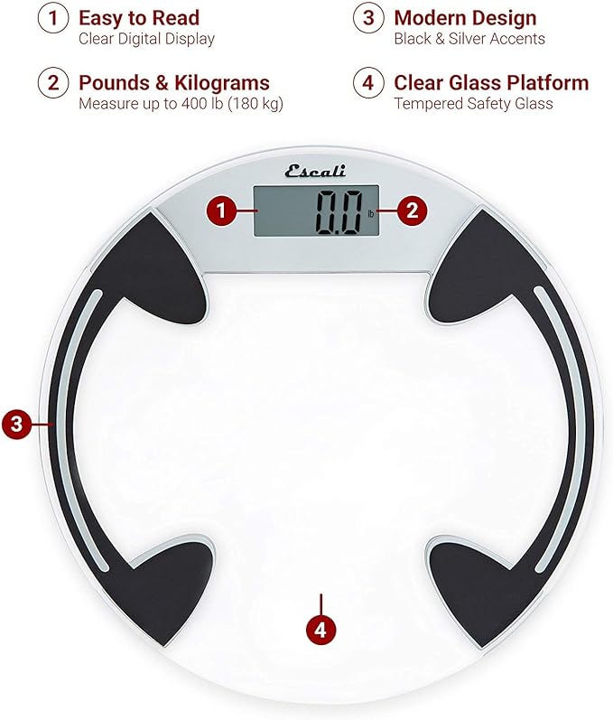 Escali Digital Glass Bath Scale for Body Weight Bathroom Body Scale High Capacity of 400 lb Battery Included Clear Round Platform