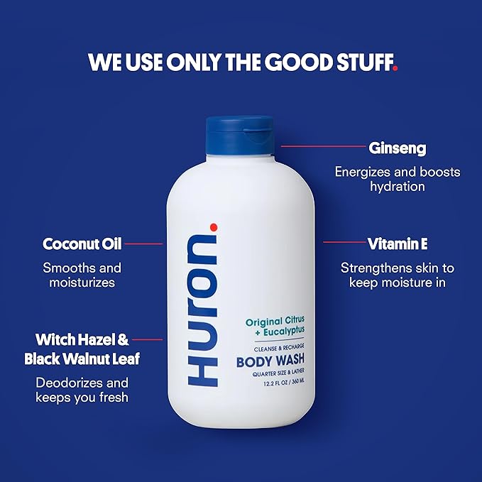 Huron Body Wash Scent Duo - Citrus + Eucalyptus &amp Sandalwood + Amber Scents - Men’s Body Wash - Made With Coconut Oil Vitamin E &amp Witch Hazel - Vegan Cruelty-Free - 2 Pack 12.2 fl oz