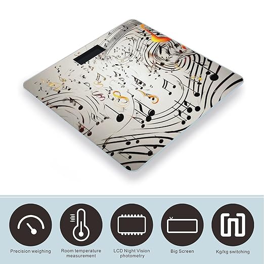 Music Notes Print Weight ScaleClear LED Display Bathroom Digital Weighing ScaleTempered Glass Digital Bathroom Scale for Body Weight Capacity Up to 400 Lbs