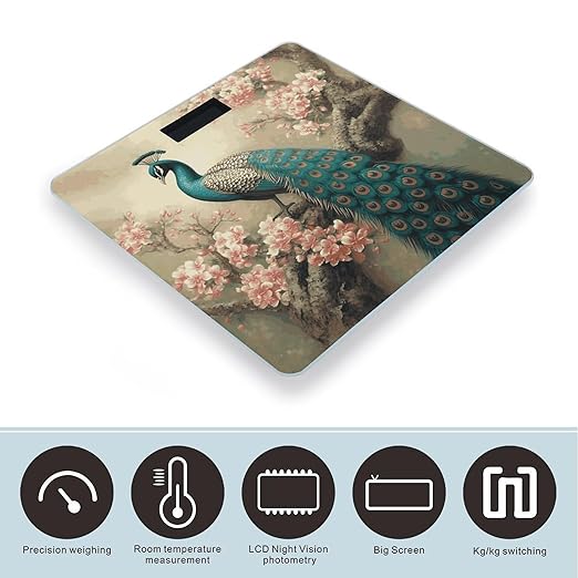 Oriental Peacock on Flower Tree Bathroom Scale Ultra-Bright Liquid Crystal Screen Weight Scale Accurate Bathroom Body Scales for Body Weight Bathroom Pet Home Bedroom Gift-Giving