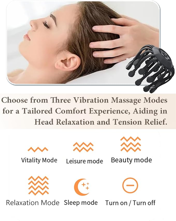 Head Massager Official Anti-Stress Massager for Migraines with 5 Modes &amp 3 Levels Adjustable 360° Cordless Touch Scalp Massager for Stress Relax &amp Sleep Aid (Orange)