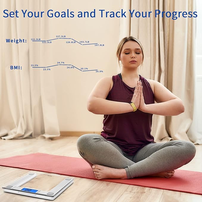 Vitafit 550lb Digital Bathroom Scale for Body Weight and BMI Via Smart APP High Accuracy Assured by Weighing Professional Since 2001 8mm Tempered Glass Extra Large Blue Backlit LCD Silver