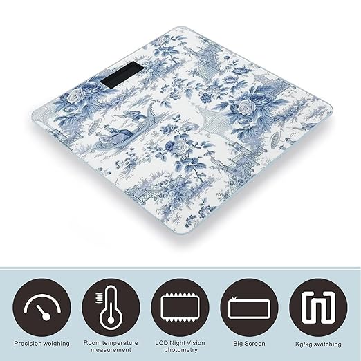 Japenese Style Blue Chinoiserie Landscape Painting Smart Square Scale with Digital Display for Bathroom Scale