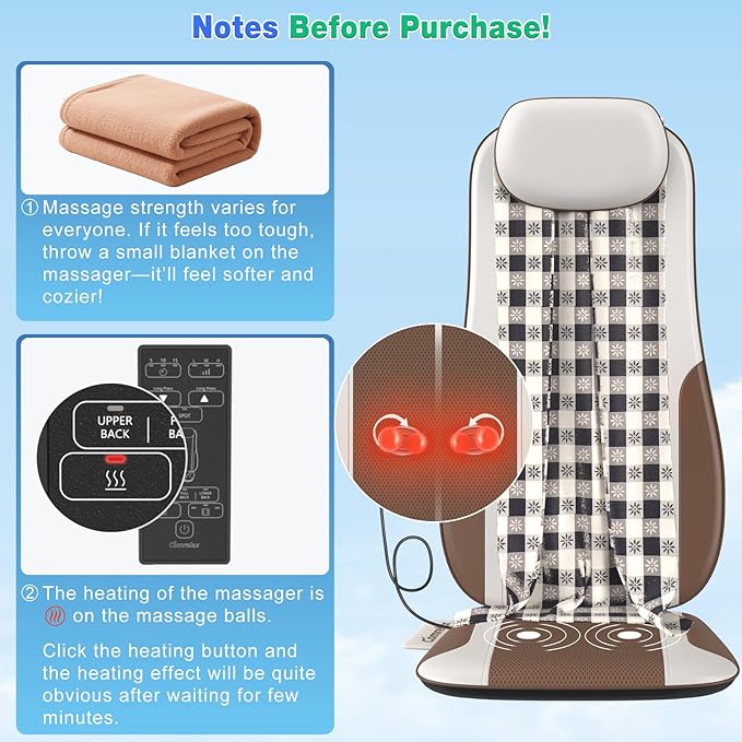 Shiatsu Back Massager with Heat Massage Chair Pad Seat Cushion for Stress Relief Deep Tissue Kneading &amp Roller 2 Vibration Motors Back Waist Hip Massager PU Leather with 2 Adapters