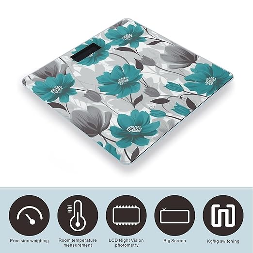Teal Grey and White Floral Bathroom ScaleHighly Accurate Digital Weighing Machine for People Bright LED Display Weight Scale for The Aldult Home Use