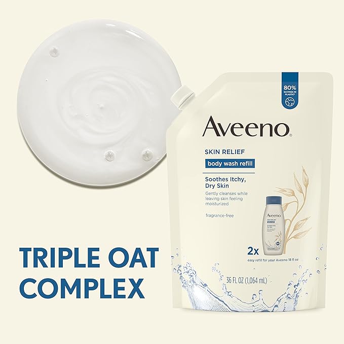 Aveeno Skin Relief Body Wash Fragrance Free Refill 36 Fl. Oz with Aveeno Skin Relief Fragrance-Free Moisturizing Body Wash