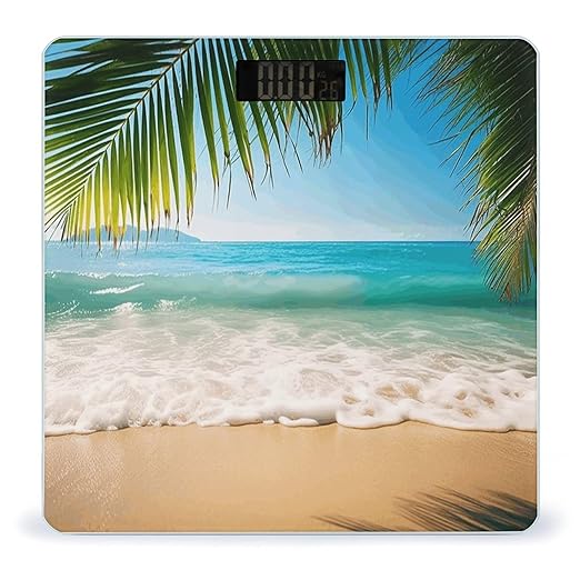 Ocean Sea Beach Palm Leaves Bathroom Scale Large LCD Backlight Display Digital Scale Rounded Corners Body Scales Automatic Power On/Off Bathroom Scales for Home Bedrooms